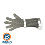 Cut-resistant chainmail butcher glove with strap