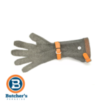 Chainmail butcher glove with orange safety straps