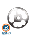 Round meat grinder plate with Butcher's Paradise logo