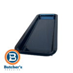 Black plastic meat tray with Butcher's Paradise logo