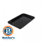 Black rectangular butcher meat display tray