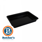 Black plastic tray with Butcher's Paradise logo
