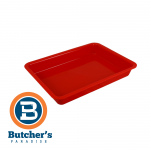 Red plastic meat tray with Butcher's logo