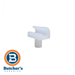 White plastic meat hook spacer with logo