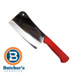 Meat cleaver with red handle, Butcher's Paradise logo