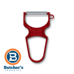 Red Y-shaped vegetable peeler with logo
